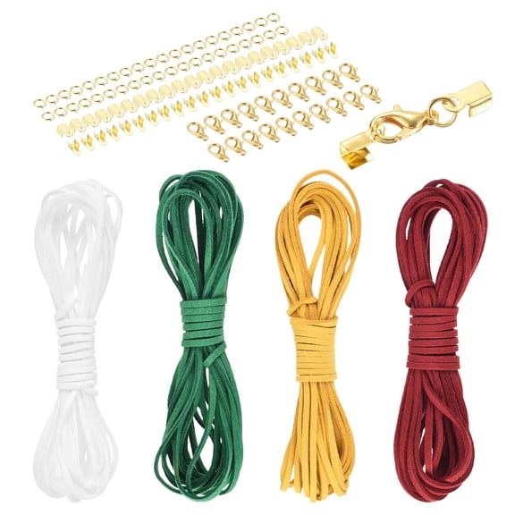 Uxcell 4 Pcs Suede Cord, 5.5 Yards Flat Faux Leather Cord Soft Durable Leather String with Gold Closed-Mouth Ring Rope Clip Lobster Clasps for Art Crafts, Red/Dark Green/Yellow/White