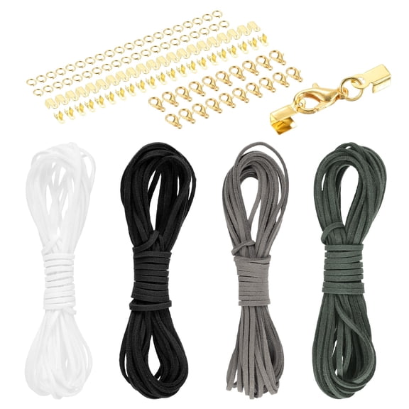 Uxcell 4 Pcs Suede Cord, 5.5 Yards Flat Faux Leather Cord Soft Durable Leather String with Gold Closed-Mouth Ring Rope Clip Lobster Clasps for Art Crafts, White/Gray/Dark Gray/Black