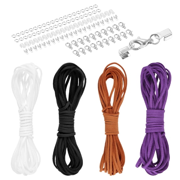 Uxcell 4 Pcs Suede Cord, 5.5 Yards Flat Faux Leather Cord Soft Durable Leather String with Silver Closed-Mouth Ring Rope Clip Lobster Clasps for Art Craft, Black/Violet/Orange Red/White