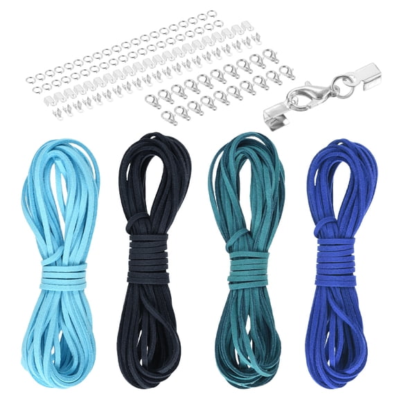 Uxcell 4 Pcs Suede Cord, 5.5 Yards Flat Faux Leather Cord Soft Durable Leather String with Silver Closed-Mouth Ring Rope Clip Lobster Clasps for Art Craft, Blue Series