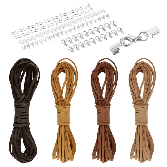 Uxcell 4 Pcs Suede Cord, 5.5 Yards Flat Faux Leather Cord Soft Durable Leather String with Silver Closed-Mouth Ring Rope Clip Lobster Clasps for Art Craft, Coffee Series