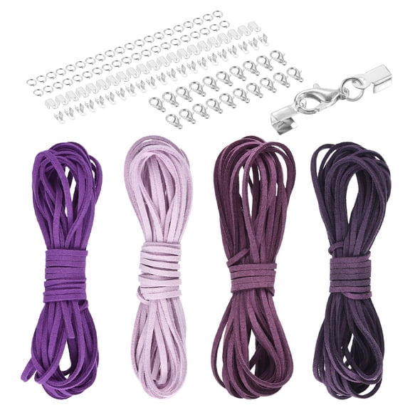 Uxcell 4 Pcs Suede Cord, 5.5 Yards Flat Faux Leather Cord Soft Durable Leather String with Silver Closed-Mouth Ring Rope Clip Lobster Clasps for Art Craft, Purple Series