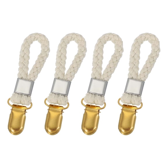 Uxcell 4 Pcs Tea Towel Clips with Cotton Loop for Hanging, 3.5 Inch Metal Towel Hooks Multipurpose Cloth Hangers for Home Kitchen Bathroom, Beige