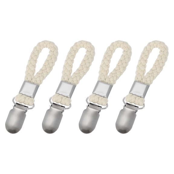 Uxcell 4 Pcs Tea Towel Clips with Cotton Loop for Hanging, 4.3 Inch Metal Towel Hooks Multipurpose Cloth Hangers for Home Kitchen Bathroom, Beige