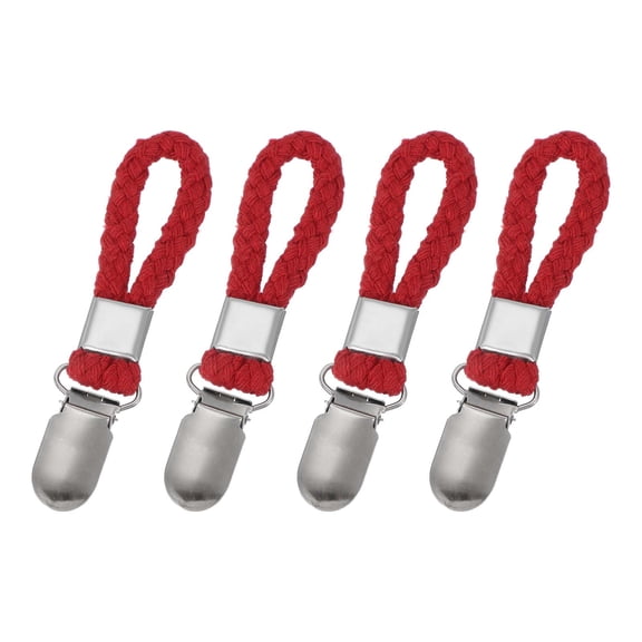 Uxcell 4 Pcs Tea Towel Clips with Cotton Loop for Hanging, 4.3 Inch Metal Towel Hooks Multipurpose Cloth Hangers for Home Kitchen Bathroom, Red
