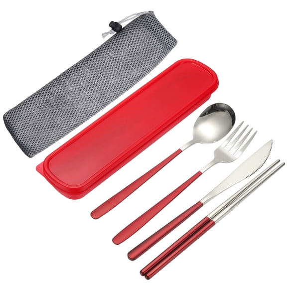 Uxcell 4 Pcs Travel Utensils with Case, Stainless Steel Portable Silverware Travel Cutlery Set for Camping Picnic Work Lunch, Red/Silver
