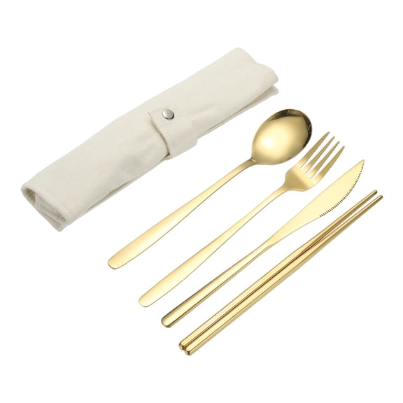 Uxcell 4 Pcs Travel Utensils with Pouch, Stainless Steel Portable Silverware Travel Cutlery Set for Camping Picnic Work Lunch, Gold