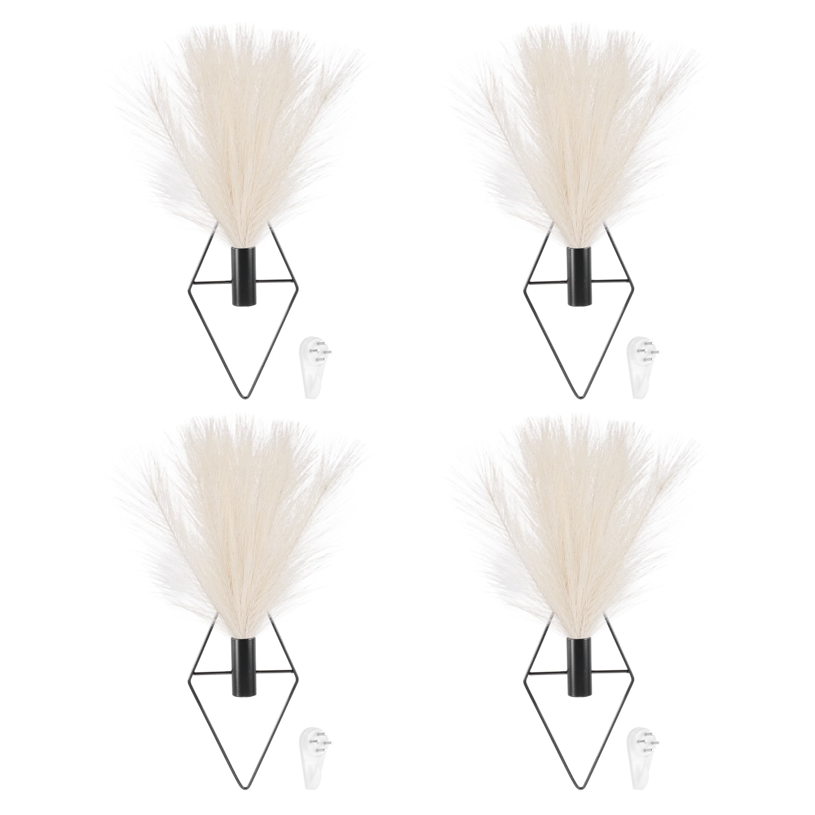 Uxcell 4 Pcs Wall Decor Metal Black Wall Art Hanging Planters with Artificial Pampas, Wall-mounted Decor Metal for Display Artwork Plant Hanging Living Room Bedroom, Beige (Diamonds)