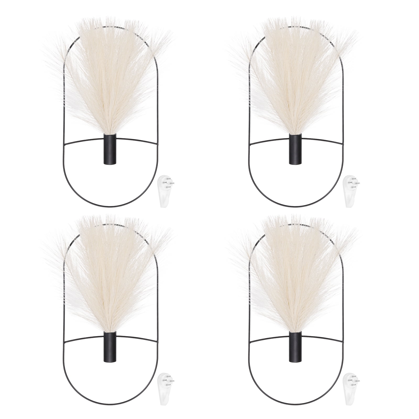 Uxcell 4 Pcs Wall Decor Metal Black Wall Art Hanging Planters with Artificial Pampas, Wall-mounted Decor Metal for Display Artwork Plant Hanging Living Room Bedroom, Beige (Oval)