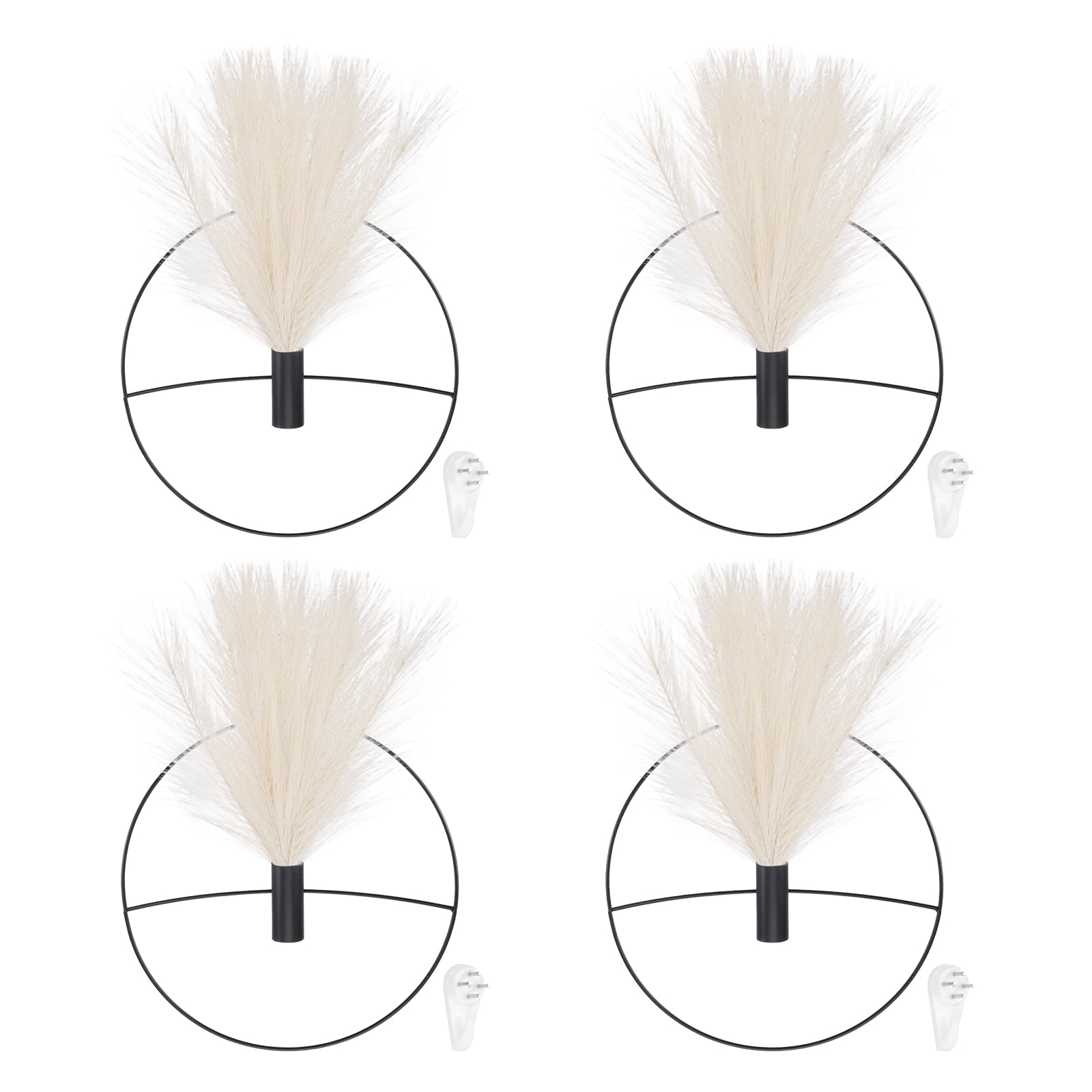 Uxcell 4 Pcs Wall Decor Metal Black Wall Art Hanging Planters with Artificial Pampas, Wall-mounted Decor Metal for Display Artwork Plant Hanging Living Room Bedroom, Beige (Round)