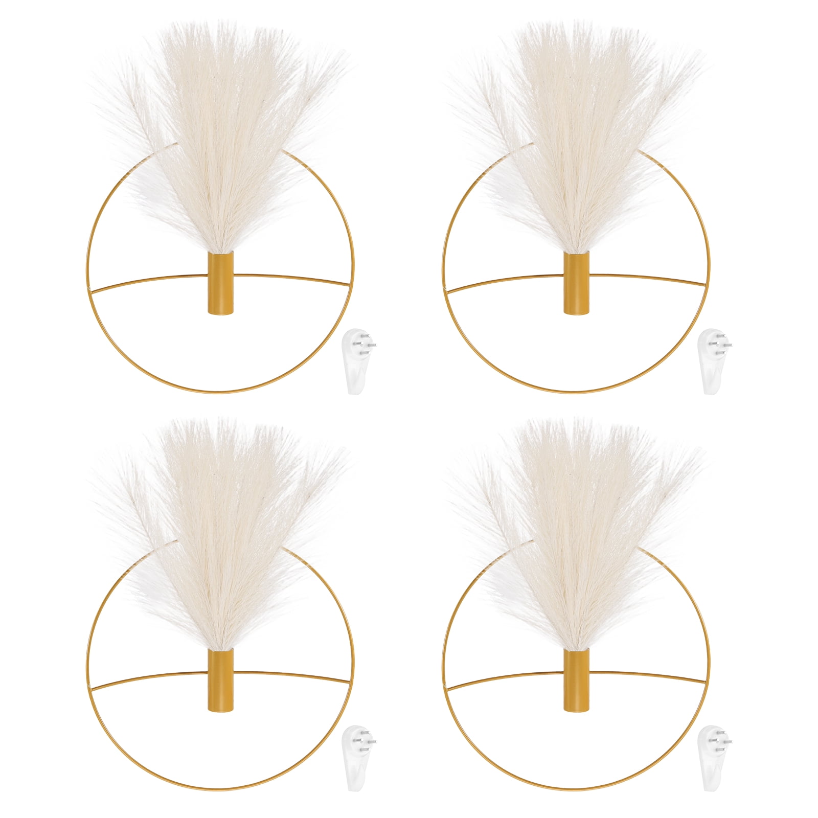 Uxcell 4 Pcs Wall Decor Metal Gold Wall Art Hanging Planters with Artificial Pampas, Wall-mounted Decor Metal for Display Artwork Plant Hanging Living Room Bedroom, Beige (Round)