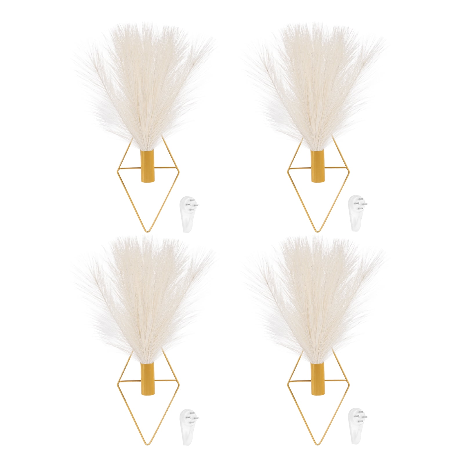 Uxcell 4 Pcs Wall Decor Metal Gold Wall Art Hanging Planters with Artificial Pampas, Wall-mounted Decor Metal for Display Artwork Plant Hanging Living Room Bedroom, Beige (Diamonds)