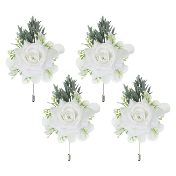 Uxcell 4 Pcs White Boutonnieres for Men, Artificial Flower Buttonholes Pocket for Wedding Bride Groom Ceremony Anniversary Prom Party