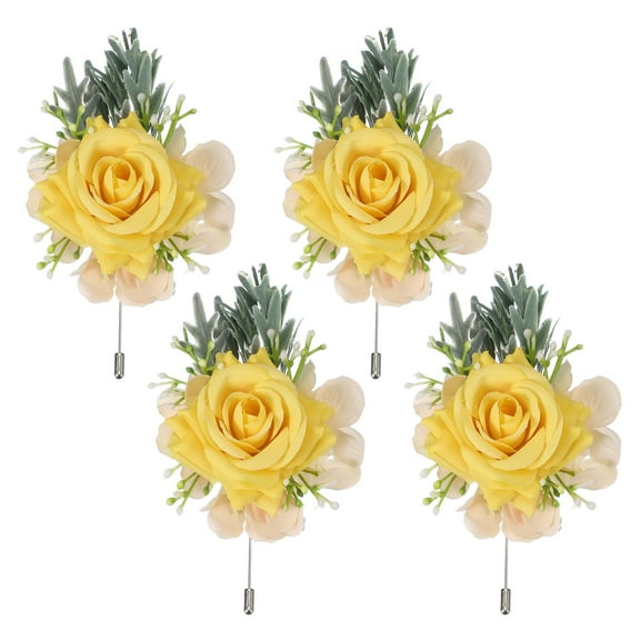Uxcell 4 Pcs Yellow Boutonnieres for Men, Artificial Flower Buttonholes Pocket for Wedding Bride Groom Ceremony Anniversary Prom Party