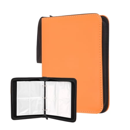 Uxcell 4 Pocket Trading Card Binder, Holds 400 Top Loaders PU Cover With Zipper Collection Binder Card Album Folder for 2.6" x 3" Rigid Cards TCG, Game, Sports Cards(Orange)