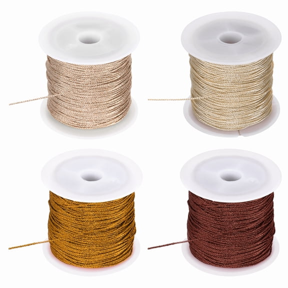 Uxcell 4 Roll 0.8mm Metallic Cords Thread,12 Ply Metallic Ornament Twine Non Stretch Tinsel String Rope for Jewelry Making Gift Wrapping, Khaki/Brown/Dark Brown/Rose Gold, 109.36Yards Total