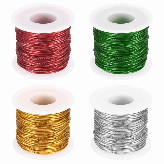 Uxcell 4 Roll 1mm Metallic Elastic Cords, Tinsel Elastic Stretch String Cord Thread Braiding Rope for Craft Making Gift Wrapping Ornaments, Gold Tone Silver Tone Red Green, 27 Yards Each
