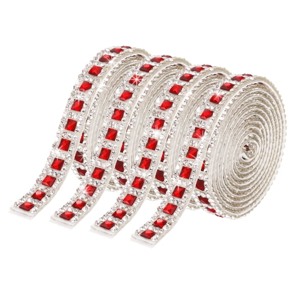 Uxcell 4 Roll Self Adhesive Rhinestone Ribbon, 1 Yard Crystal Rhinestone Strips, 0.8 cm Width Glass Bling Crystal Tape Stickers for Clothing DIY Crafts Party Decoration, Red