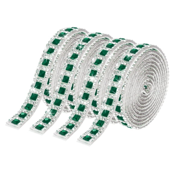 Uxcell 4 Roll Self Adhesive Rhinestone Ribbon, 1 Yard Crystal Rhinestone Strips, 0.8 cm Width Glass Bling Crystal Tape Stickers for Clothing DIY Crafts Party Decoration, Dark Green