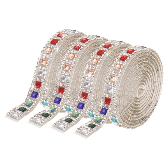Uxcell 4 Roll Self Adhesive Rhinestone Ribbon, 1 Yard Crystal Rhinestone Strips, 0.8 cm Width Glass Bling Crystal Tape Stickers for Clothing DIY Crafts Party Decoration, Multicolor