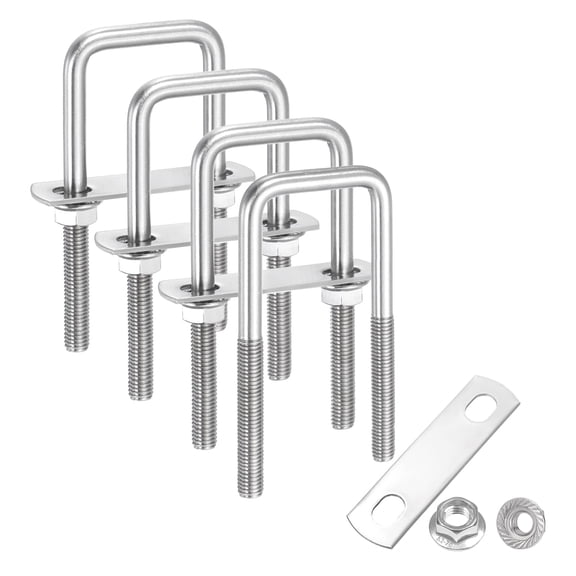 Uxcell 4 Set M8 1-9/16 Inch Inner Wide Square U Bolts, 4-5/16 Inch Length 304 Stainless Steel U-Bolts with Flange Hexagon Nuts, Frame Plates for Trailer, Automotive, (40mm W x 110mm L)