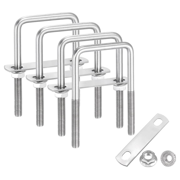 Uxcell 4 Set M8 2 Inch Inner Wide Square U Bolts, 4-3/4 Inch Length 304 Stainless Steel U-Bolts with Flange Hexagon Nuts, Frame Plates for Trailer, Automotive, (50mm W x 120mm L)