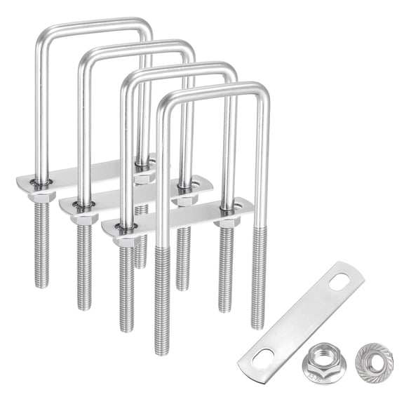Uxcell 4 Set M8 2 Inch Inner Wide Square U Bolts, 5-1/2 Inch Length 304 Stainless Steel U-Bolts with Flange Hexagon Nuts, Frame Plates for Trailer, Automotive, (50mm W x 140mm L)