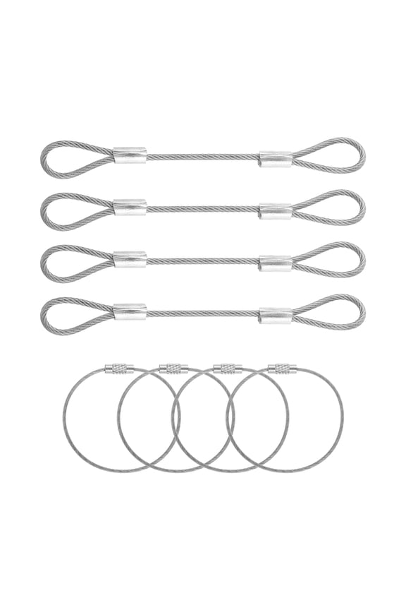 4 Set Security Cable Lock - Double Loop Cable (0.33 ft x 0.08 Inch) with Wire Keychain Cable (6 x 0.06 Inch) Vinyl Coated Stainless Steel Safety Rope Key Ring Holder, Silver