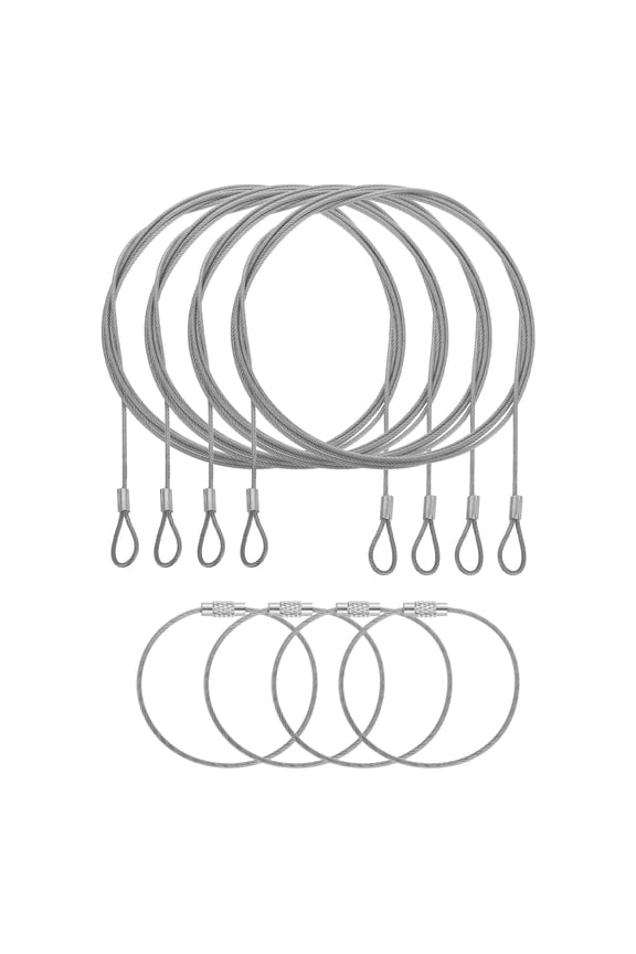 4 Set Security Cable Lock - Double Loop Cable (6.56 ft x 0.08 Inch) with Wire Keychain Cable (6 x 0.06 Inch) Vinyl Coated Stainless Steel Safety Rope Key Ring Holder, Silver