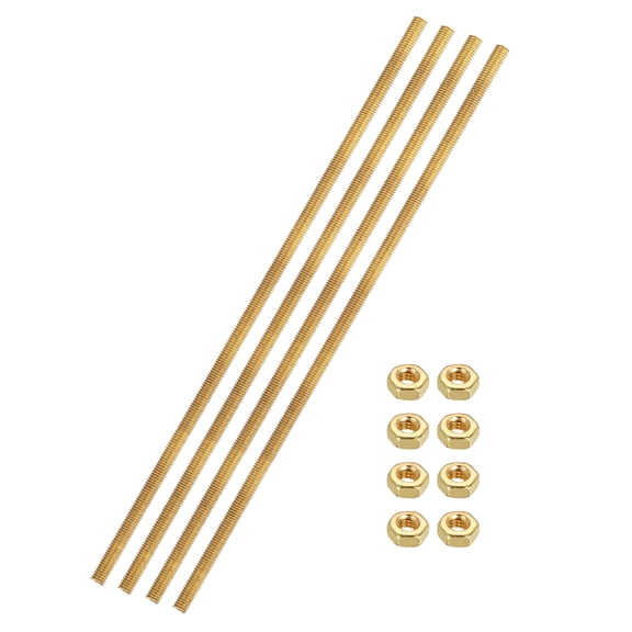 Uxcell 4 Sets Brass Fully Threaded Rod, M3x0.5mm Pitch Right Hand Threads Studs with Solid Brass Hex Nuts, 150mm/6" Long Threaded Screw Rods Fasteners for Anchors Bolts Hangers Clamps