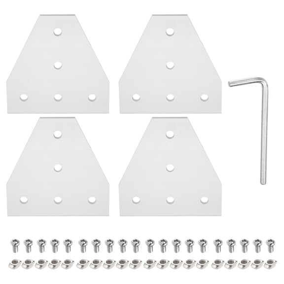 Uxcell 4 Sets T Shape Corner Bracket Connectors, 5 Holes 3030 Aluminum Extrusion Joint Plate with 20pcs M6 t Nuts, 20Pcs M6x12 Hex Socket Cap Screw and 1Pcs M5 Wrench, Silver