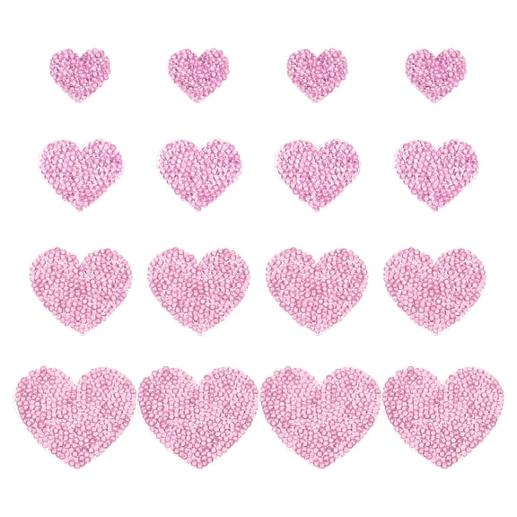 Uxcell 4 Sizes Heart Rhinestone Patches, 16 Pcs Heart Shape Iron on Applique Patches, Light Pink