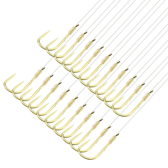 Uxcell 4# Small Fishing Hooks with 36cm Line, 0.34x0.2 Inch Double Hook Rig with Barbs Fishing Hook, Gold Tone 20Pcs