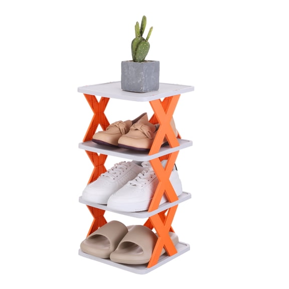 Uxcell 4-Tier Plastic Shoe Rack, Vertical Shoe Rack Stackable Storage Organizer Folding Space-Saving Narrow Slot Shelf for Closet Livingroom Entryway Garage, Orange/White