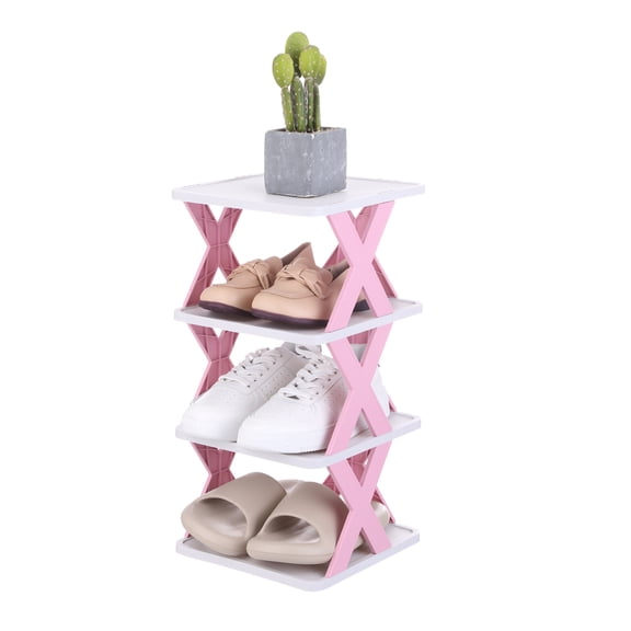 Uxcell 4-Tier Plastic Shoe Rack, Vertical Shoe Rack Stackable Storage Organizer Folding Space-Saving Narrow Slot Shelf for Closet Livingroom Entryway Garage, Pink/White