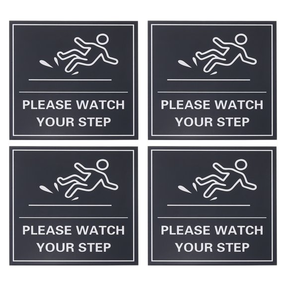 Uxcell 4" x 4" Please Watch Your Step Sign, 4 Pcs Acrylic Warning Sign Self-Adhesive Easy Installation for Indoor Outdoor Home Business, Black with White Text