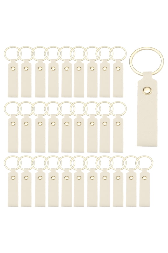40 Pcs PU Leather Keychain Blanks Bulk Laser Engraving Keychain Leather Key Fob Kit with Key Rings for DIY Supplies Gifts (White, 3.7" x 0.7")