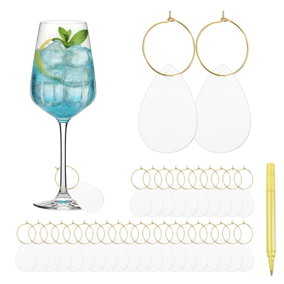Uxcell 40 Pcs Wine Glass Charm with Ring Tags, Drink Glass Identifiers Acrylic Keychain Blanks with Gold Marker for Stem Glasses Wedding Party Birthday DIY Craft, Clear Teardrop shape