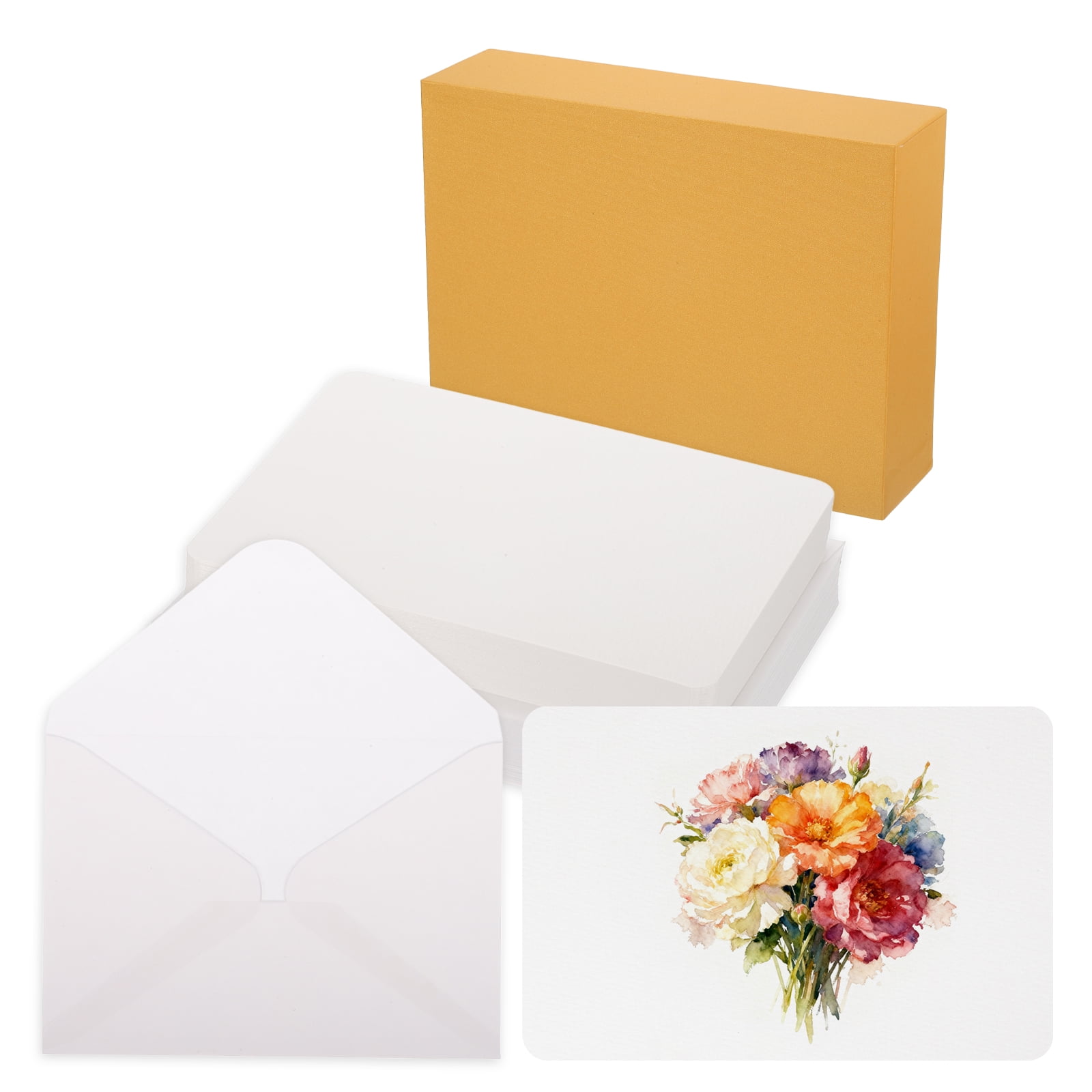 Uxcell 40 Set Watercolor Paper with Envelopes 6 x 4 Inch 140lb/300gsm Artist Painting Drawing Paper Cold Press Water Color Sheet with Beige Box for Sketchbook Journal (Round Corner)