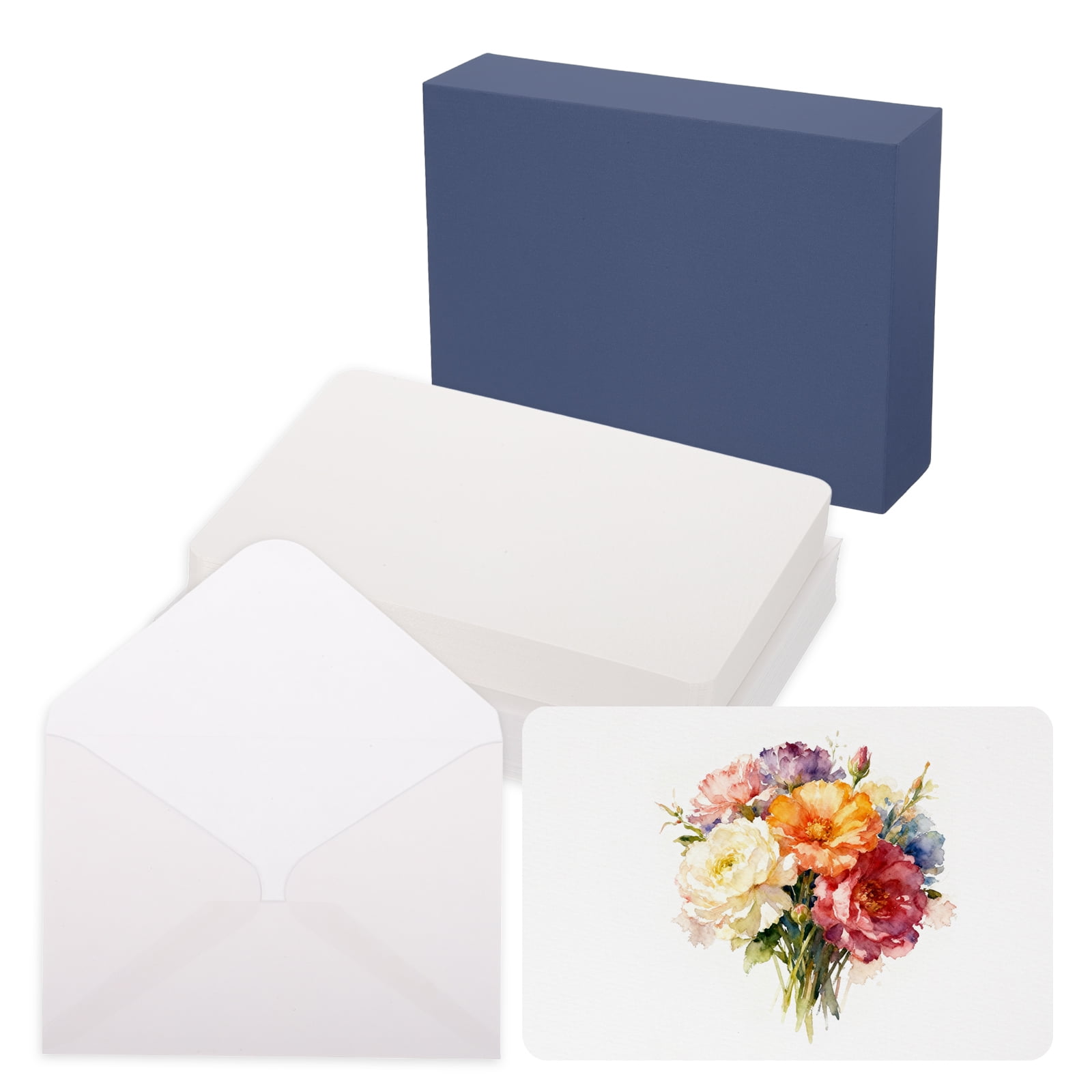 Uxcell 40 Set Watercolor Paper with Envelopes 6 x 4 Inch 140lb/300gsm Artist Painting Drawing Paper Cold Press Water Color Sheet with Blue Box for Sketchbook Journal (Round Corner)