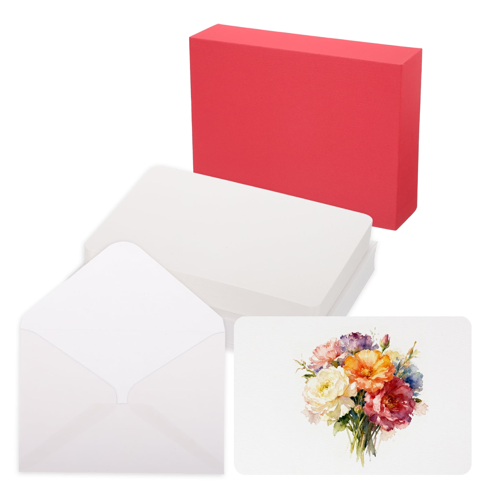 Uxcell 40 Set Watercolor Paper with Envelopes 6 x 4 Inch 140lb/300gsm Artist Painting Drawing Paper Cold Press Water Color Sheet with Red Box for Sketchbook Journal (Round Corner)