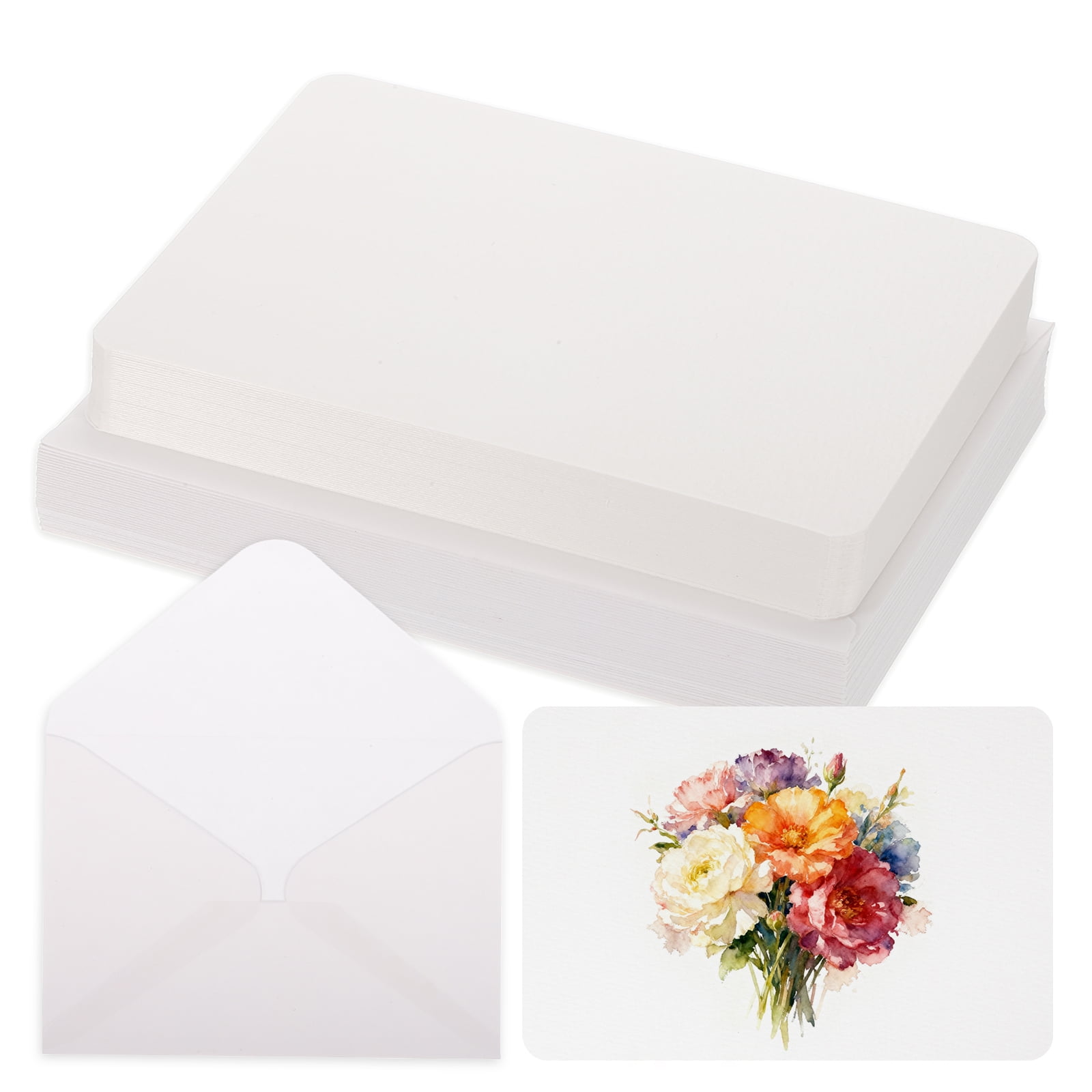 Uxcell 40 Set Watercolor Paper with Envelopes 6 x 4 Inch 140lb/300gsm Artist Painting Drawing Paper Cold Press Water Color Sheet for Sketchbook Journal (Round Corner)
