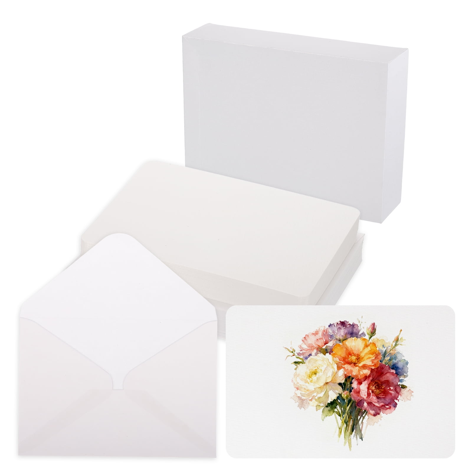 Uxcell 40 Set Watercolor Paper with Envelopes 6 x 4 Inch 140lb/300gsm Artist Painting Drawing Paper Cold Press Water Color Sheet with White Box for Sketchbook Journal (Round Corner)