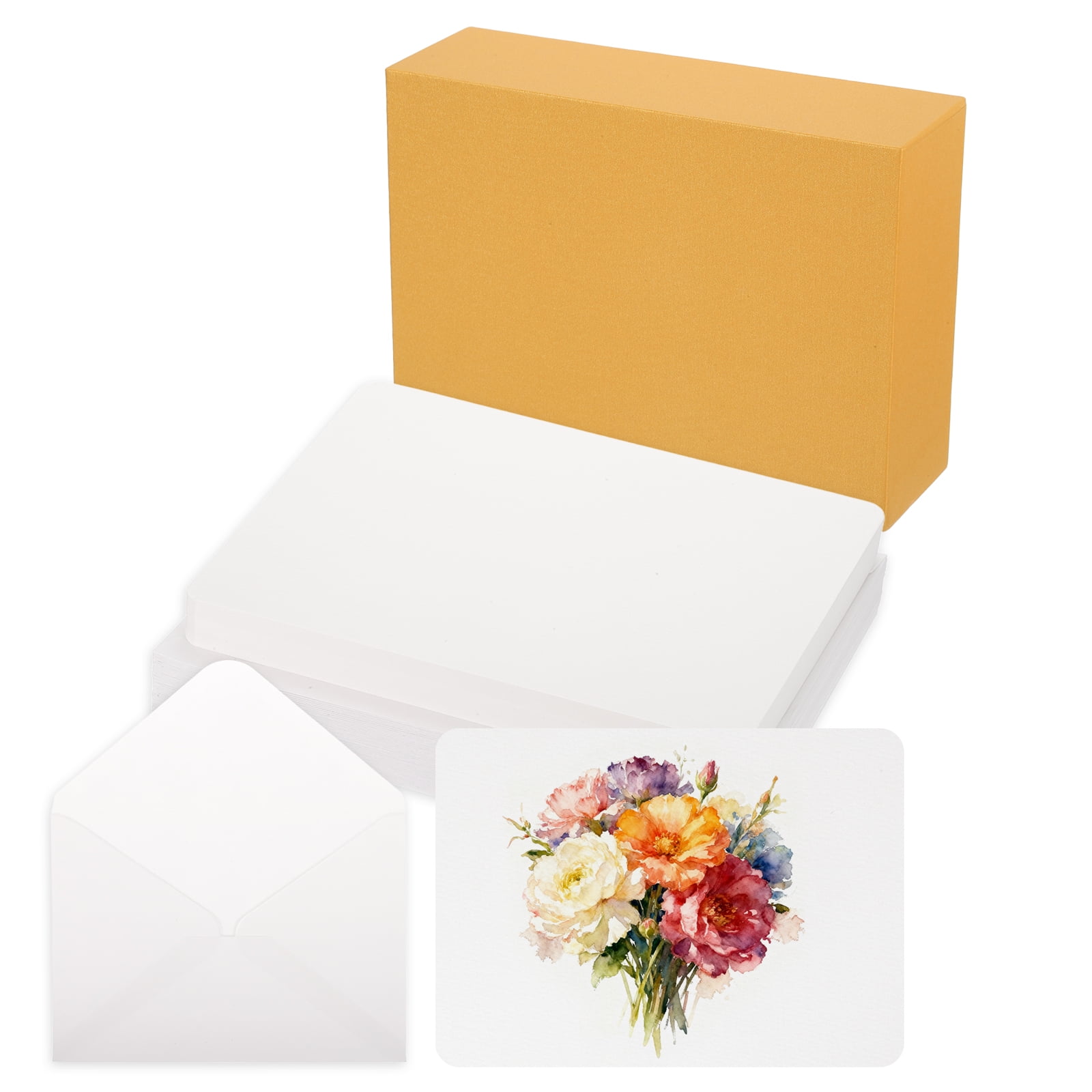 Uxcell 40 Set Watercolor Paper with Envelopes 7 x 5 Inch 140lb/300gsm Artist Painting Drawing Paper Cold Press Water Color Sheet with Beige Box for Sketchbook Journal (Round Corner)