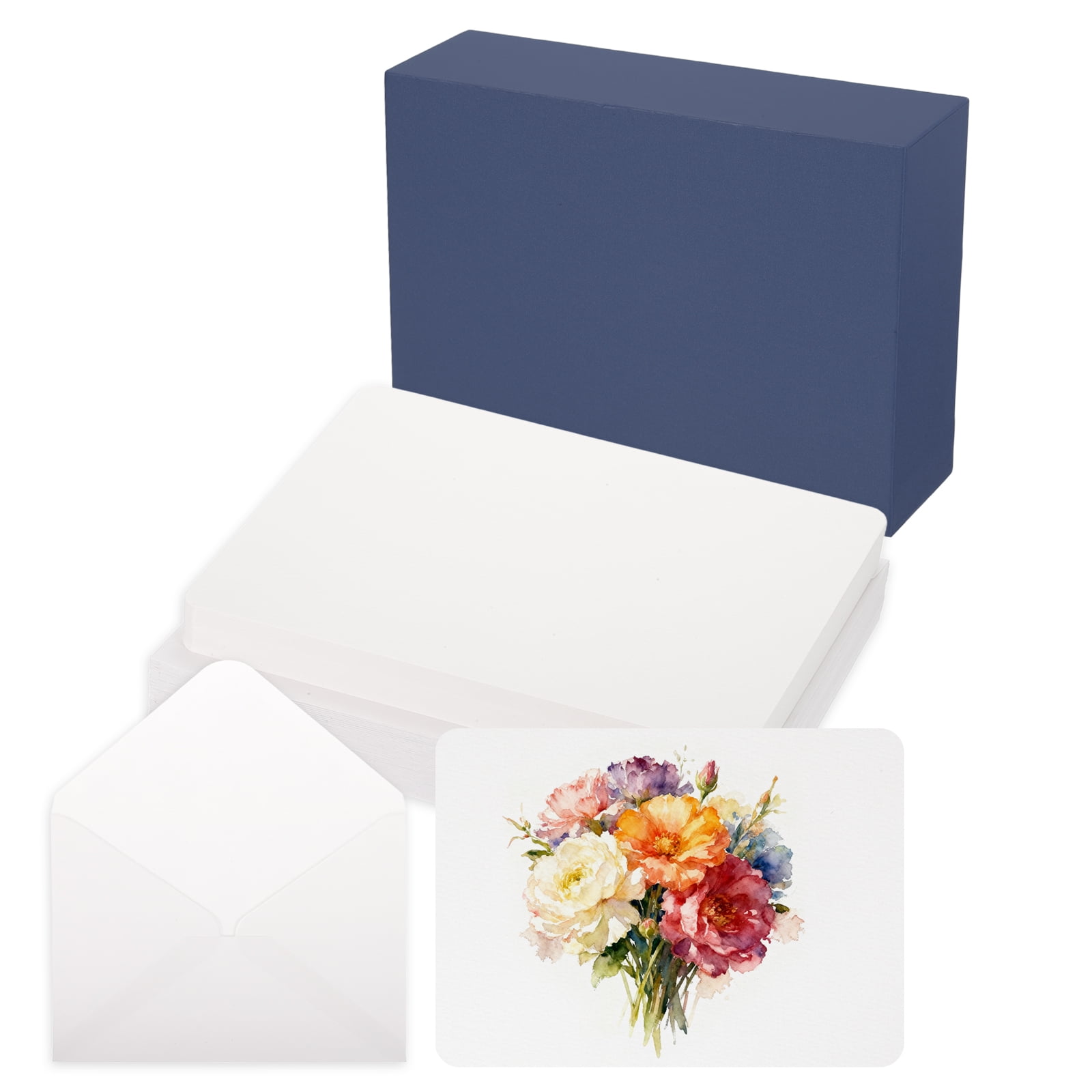 Uxcell 40 Set Watercolor Paper with Envelopes 7 x 5 Inch 140lb/300gsm Artist Painting Drawing Paper Cold Press Water Color Sheet with Blue Box for Sketchbook Journal (Round Corner)