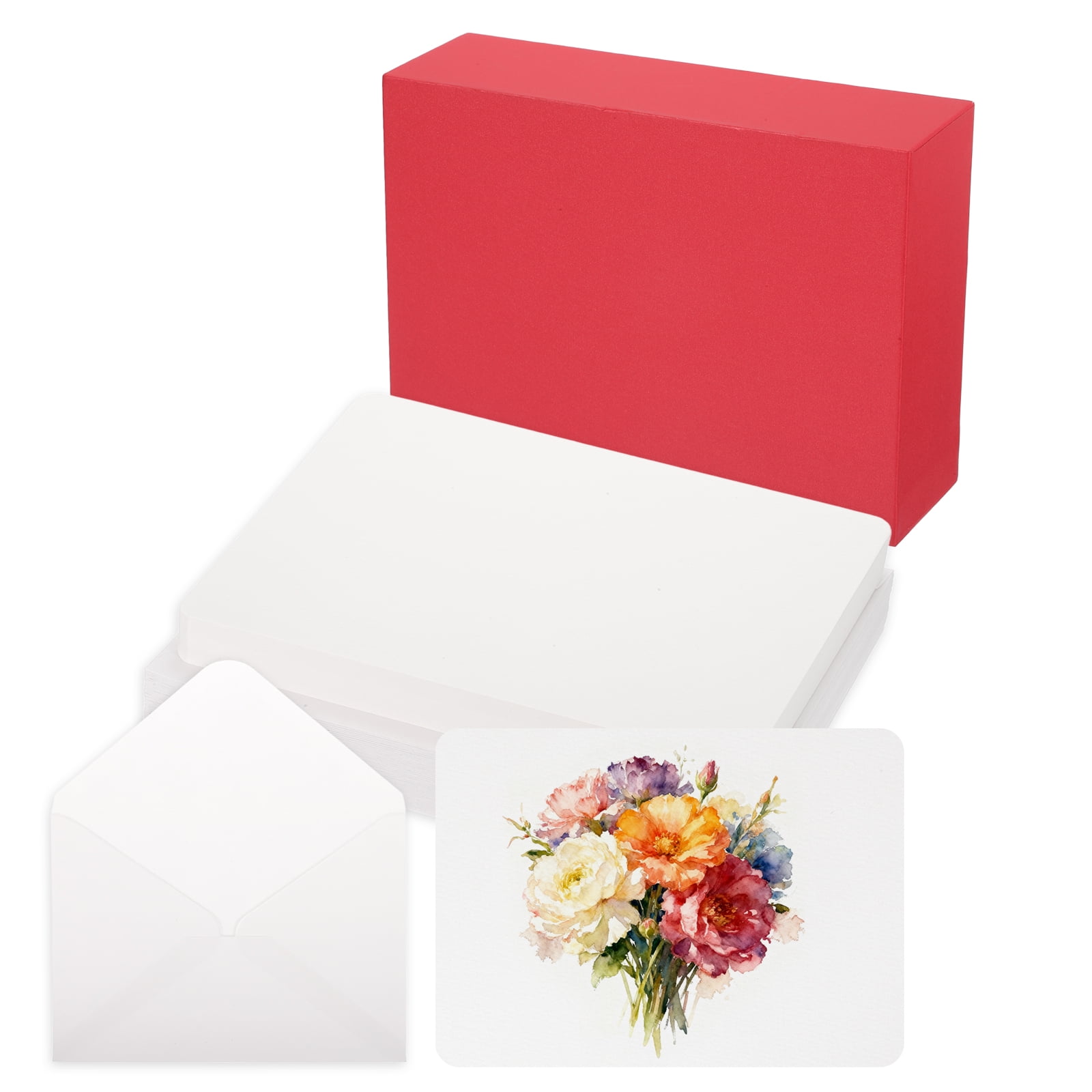 Uxcell 40 Set Watercolor Paper with Envelopes 7 x 5 Inch 140lb/300gsm Artist Painting Drawing Paper Cold Press Water Color Sheet with Red Box for Sketchbook Journal (Round Corner)