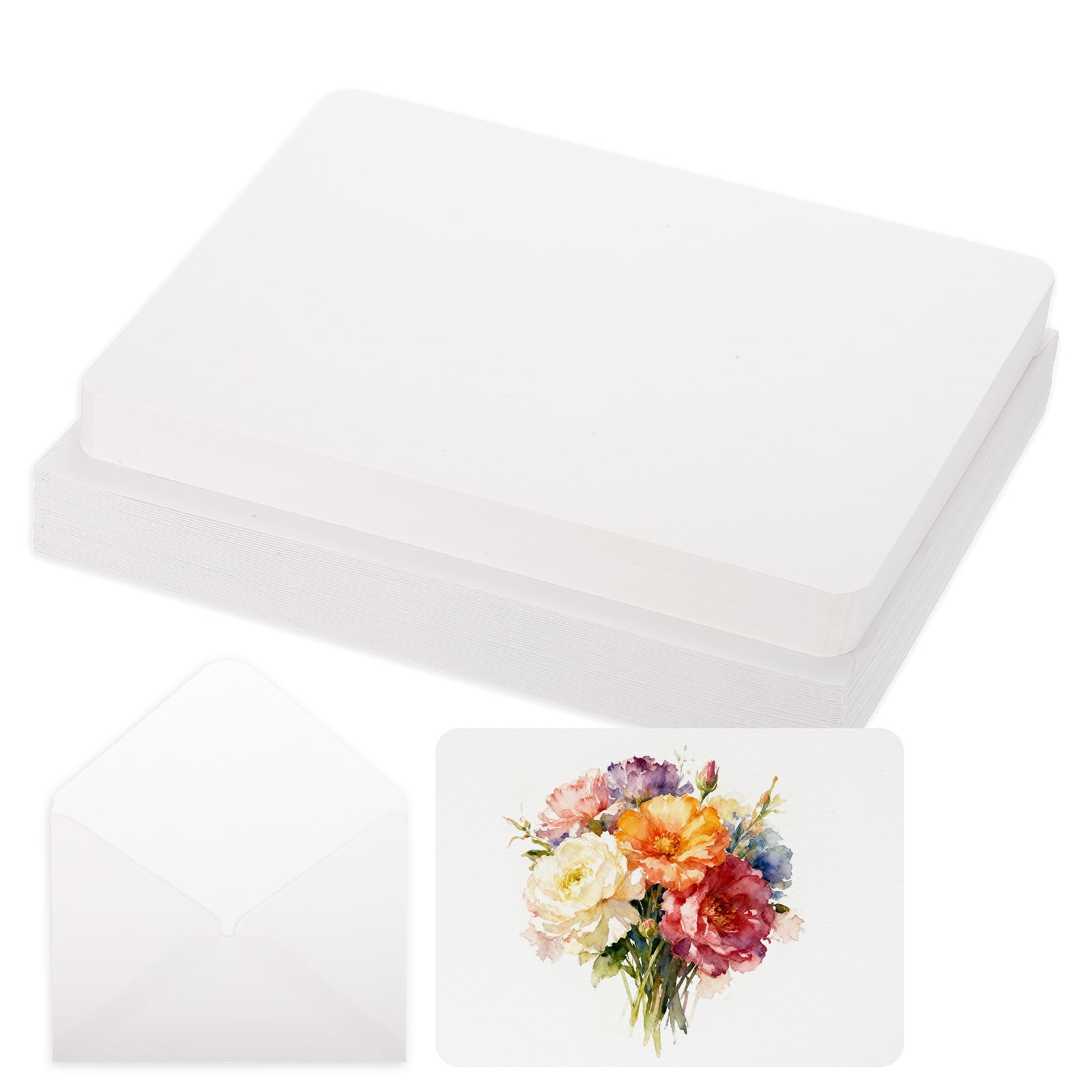 Uxcell 40 Set Watercolor Paper with Envelopes 7 x 5 Inch 140lb/300gsm Artist Painting Drawing Paper Cold Press Water Color Sheet for Sketchbook Journal (Round Corner)