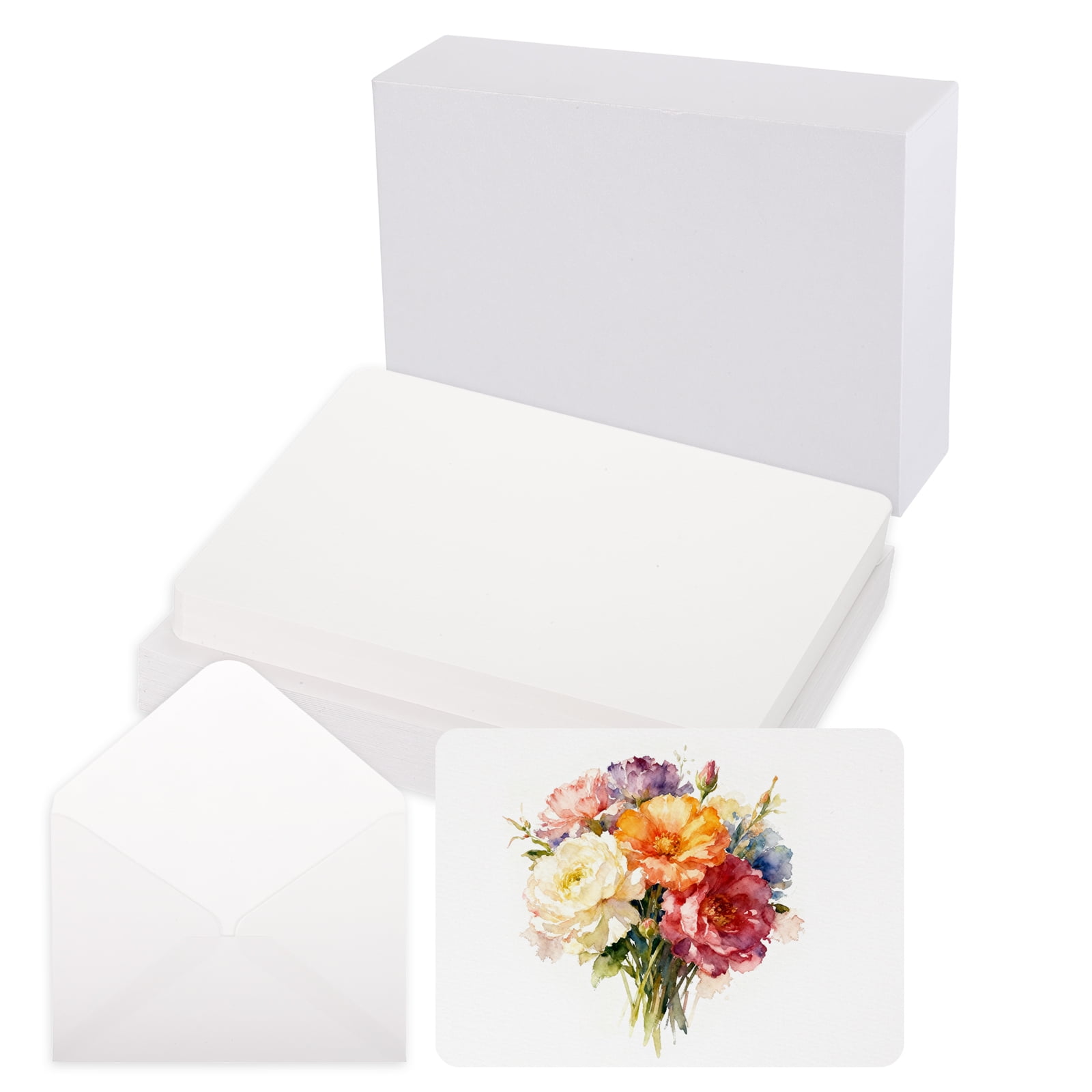 Uxcell 40 Set Watercolor Paper with Envelopes 7 x 5 Inch 140lb/300gsm Artist Painting Drawing Paper Cold Press Water Color Sheet with White Box for Sketchbook Journal (Round Corner)