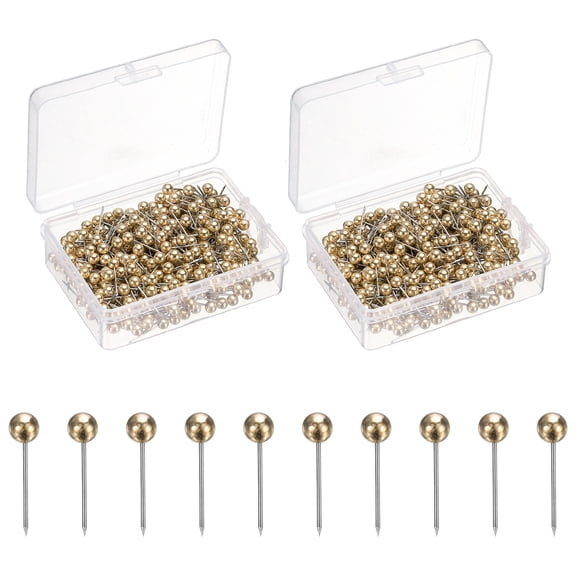 Uxcell 800 Pcs Push Pins, Map Thumb Tacks 4mm Round Head Decorative Push Pins for Bulletin Board Home Office Travel Wall DIY Crafts Map Photo, Golden