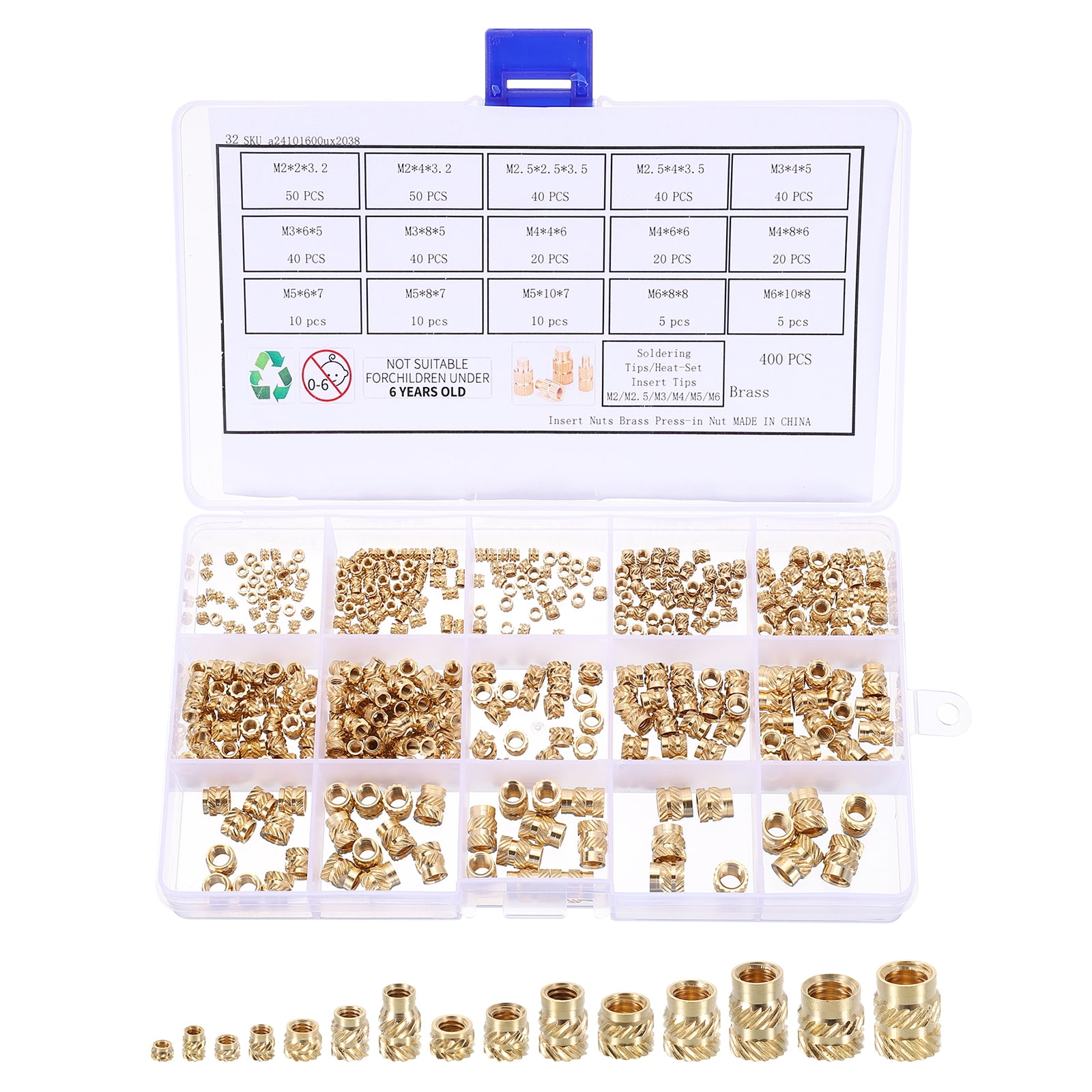 Uxcell 400pcs M2 M2.5 M3 M4 M5 M6 Metric Threaded Insert Brass Heat Set Insert Knurled Nuts Assortment Kit, 3D Printing Brass Nuts Female Threaded Inserts Nuts with Heat Set Insert Tips